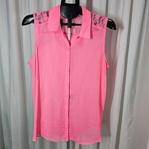 2pcs: Vibrant Pink & Blue Sleeveless Button Blouse with Lace Detail